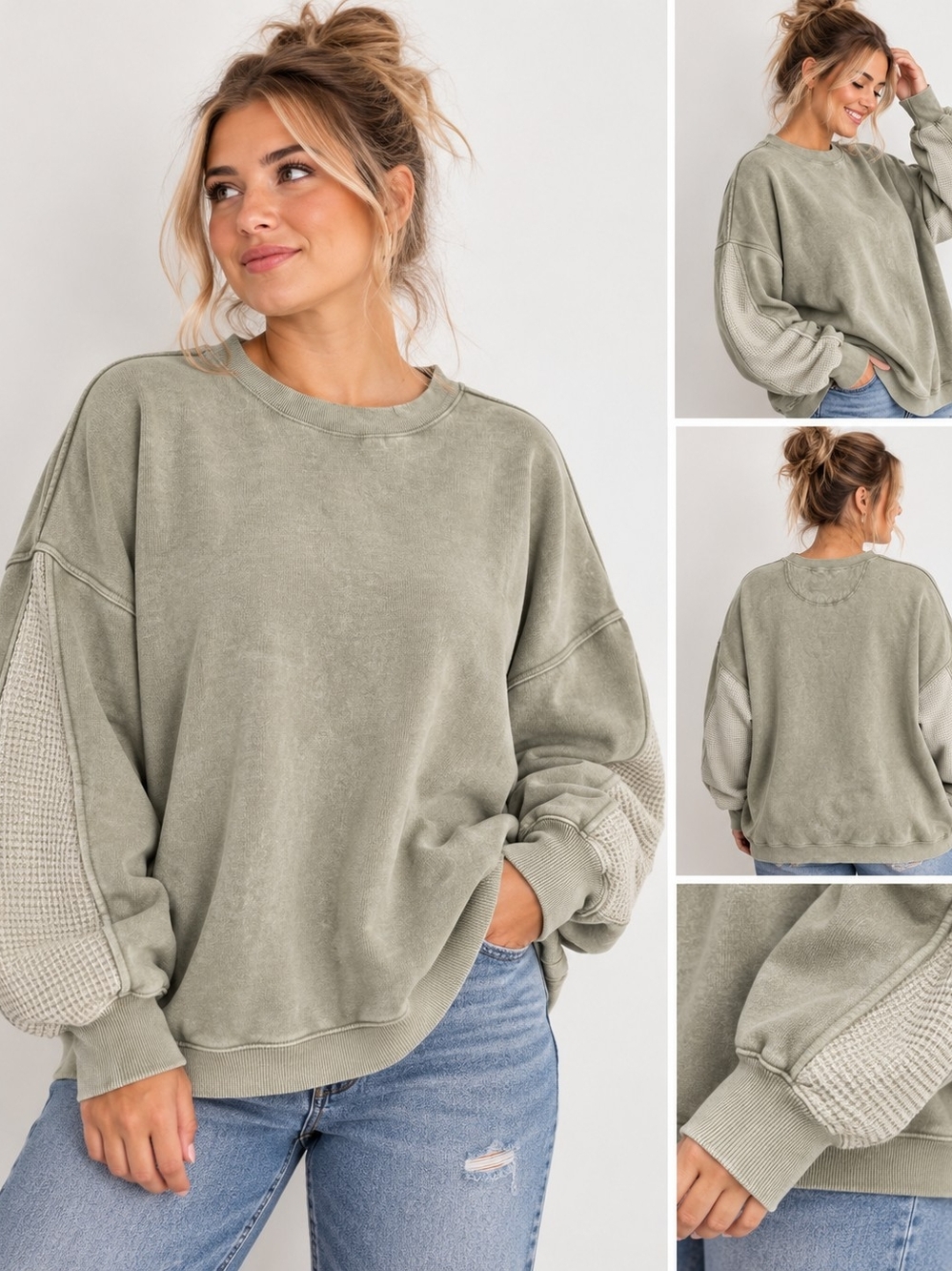 Aerie XXL Oversized Sweatshirt Waffle Sleeve Washed Green Sage Crewneck Pullover